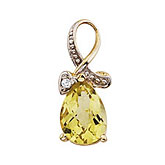 14k Yellow Gold Pear Lemon Quartz and Diamond Swirl Pendant