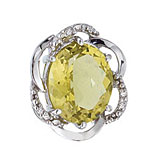 14K White Gold 11x9 Oval Lemon Quartz and Diamond Swirl Pendant
