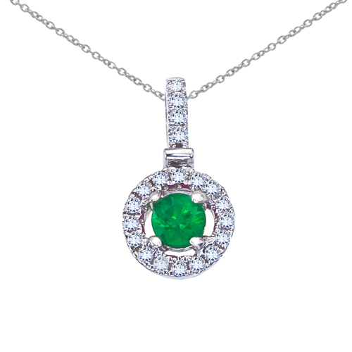 14k White Gold Emerald and Diamond Halo Pendant