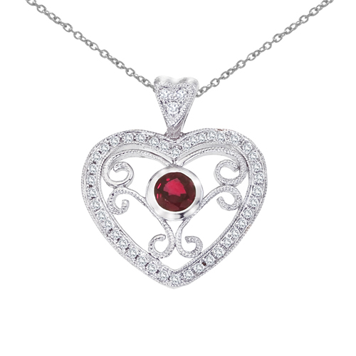 14k White Gold Heart Shaped Filigree Ruby and Diamond Pendant