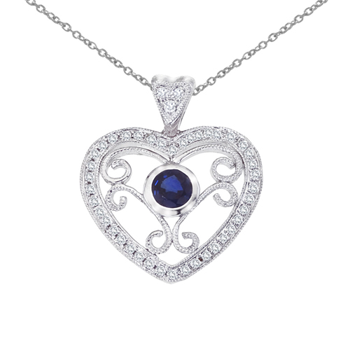 14k White Gold Heart Shaped Filigree Sapphire and Diamond Pendant