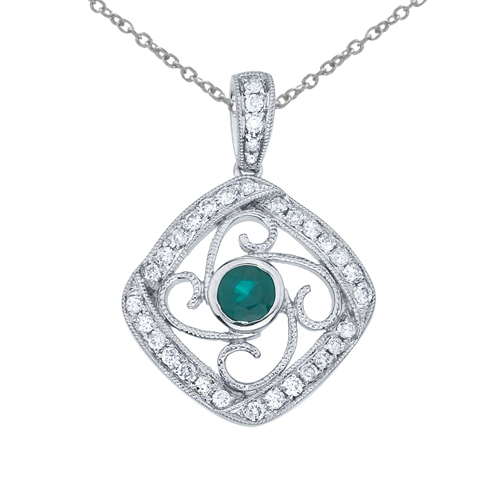 14k White Gold Emerald and Diamond Fashion Pendant