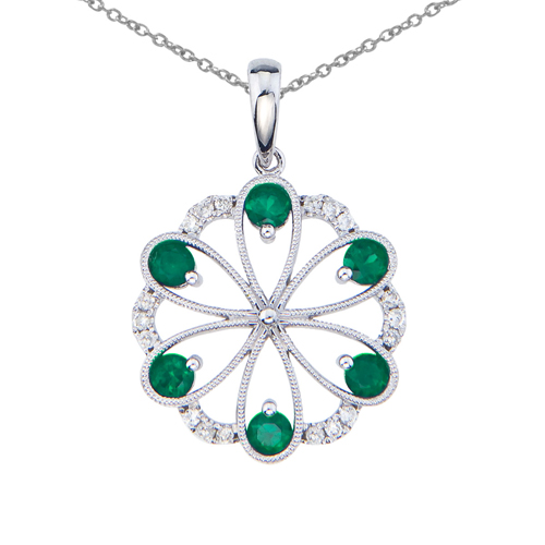 14k White Gold Emerald and Diamond Flower Pendant