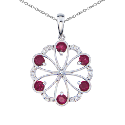 14k White Gold Ruby and Diamond Flower Pendant