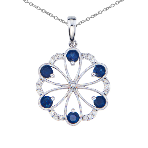 14k White Gold Sapphire and Diamond Flower Pendant