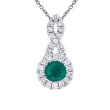 14k White Gold 4 mm Emerald and .14 ct Diamond Swirl Pendant