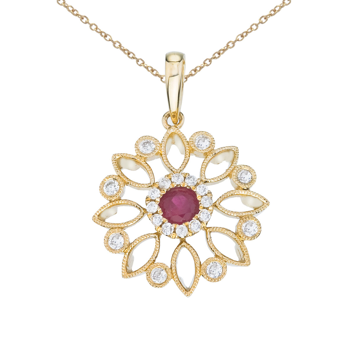 14k Yellow Gold Floral Filigree Ruby and Diamond Pendant