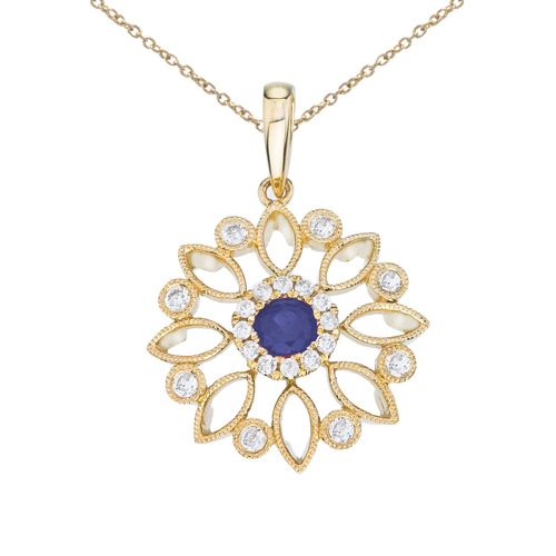 14k Yellow Gold Floral Filigree Sapphire and Diamond Pendant