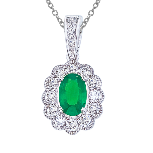 14k White Gold Emerald and Diamond Oval Pendant