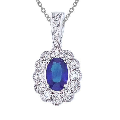 14k White Gold Sapphire and Diamond Oval Pendant