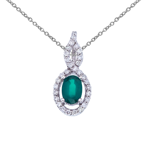14k White Gold Oval Emerald and Diamond Pendant