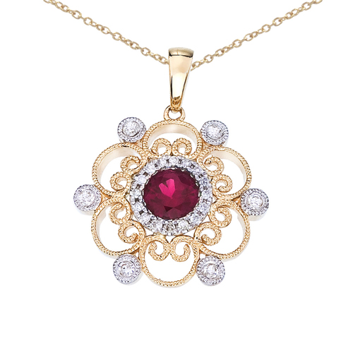 14k Two-Tone Ruby and Diamond Filigree Pendant