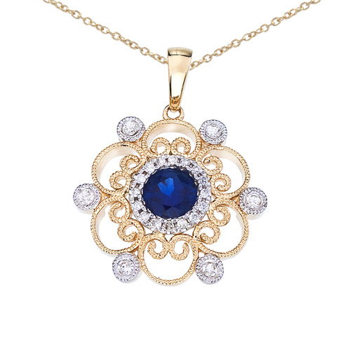 14k Two-Tone Sapphire and Diamond Filigree Pendant