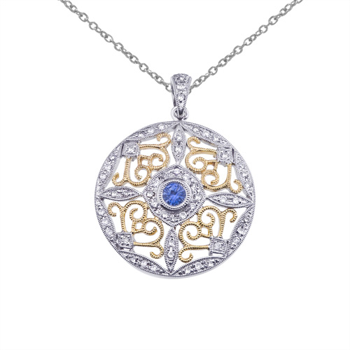 14k Two-Tone Gold Sapphire and Diamond Round Filigree Pendant