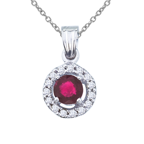 14K White Gold 5mm Round Ruby and Diamond Pendant