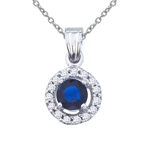 14K White Gold 5mm Round Sapphire and Diamond Pendant