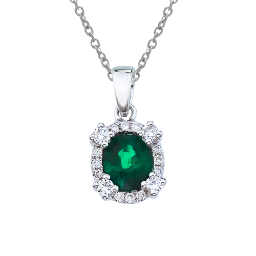 14k White Gold Emerald and Diamond Halo Pendant