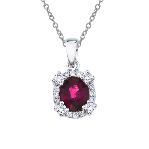 14k White Gold Ruby and Diamond Halo Pendant