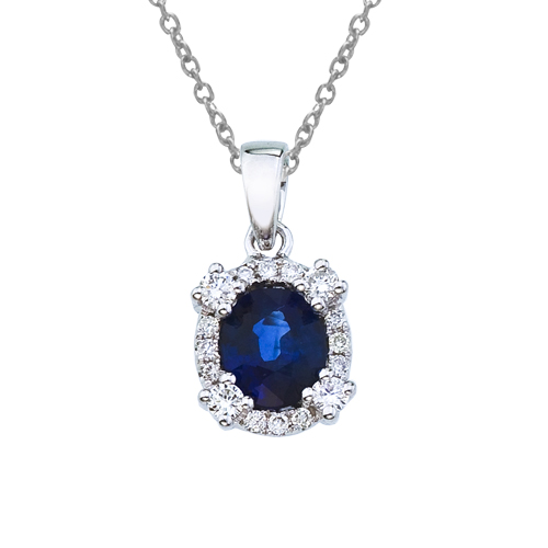 14k White Gold Sapphire and Diamond Halo Pendant