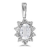10k White Gold Oval White Topaz And Diamond Pendant