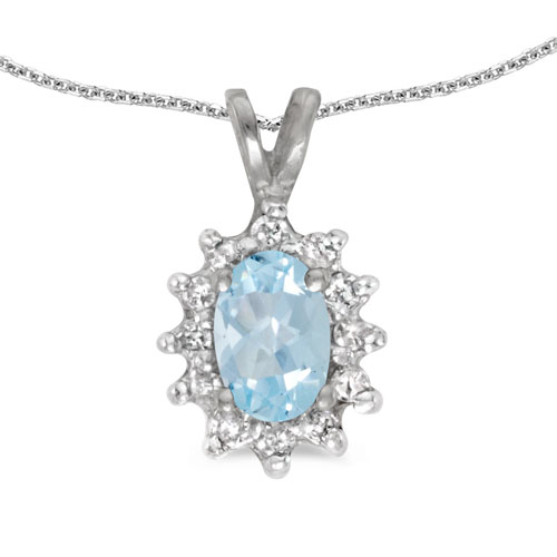 14k White Gold Oval Aquamarine And Diamond Pendant