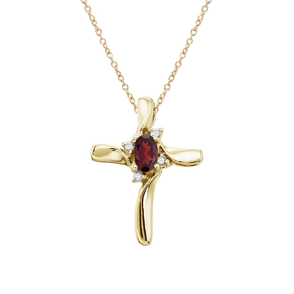 14K Yellow Gold Oval Garnet and Diamond Cross Pendant