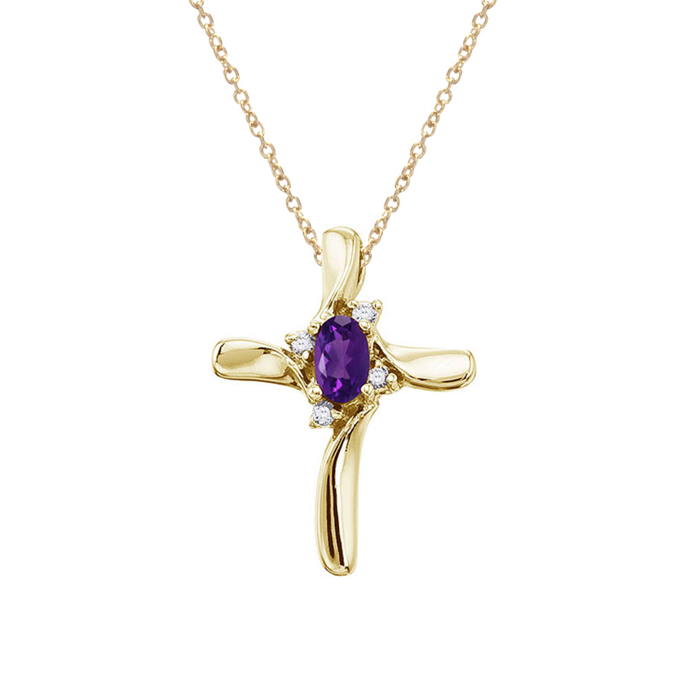14K Yellow Gold Oval Amethyst and Diamond Cross Pendant