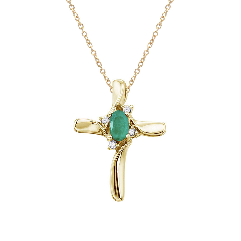 14K Yellow Gold Oval Emerald and Diamond Cross Pendant
