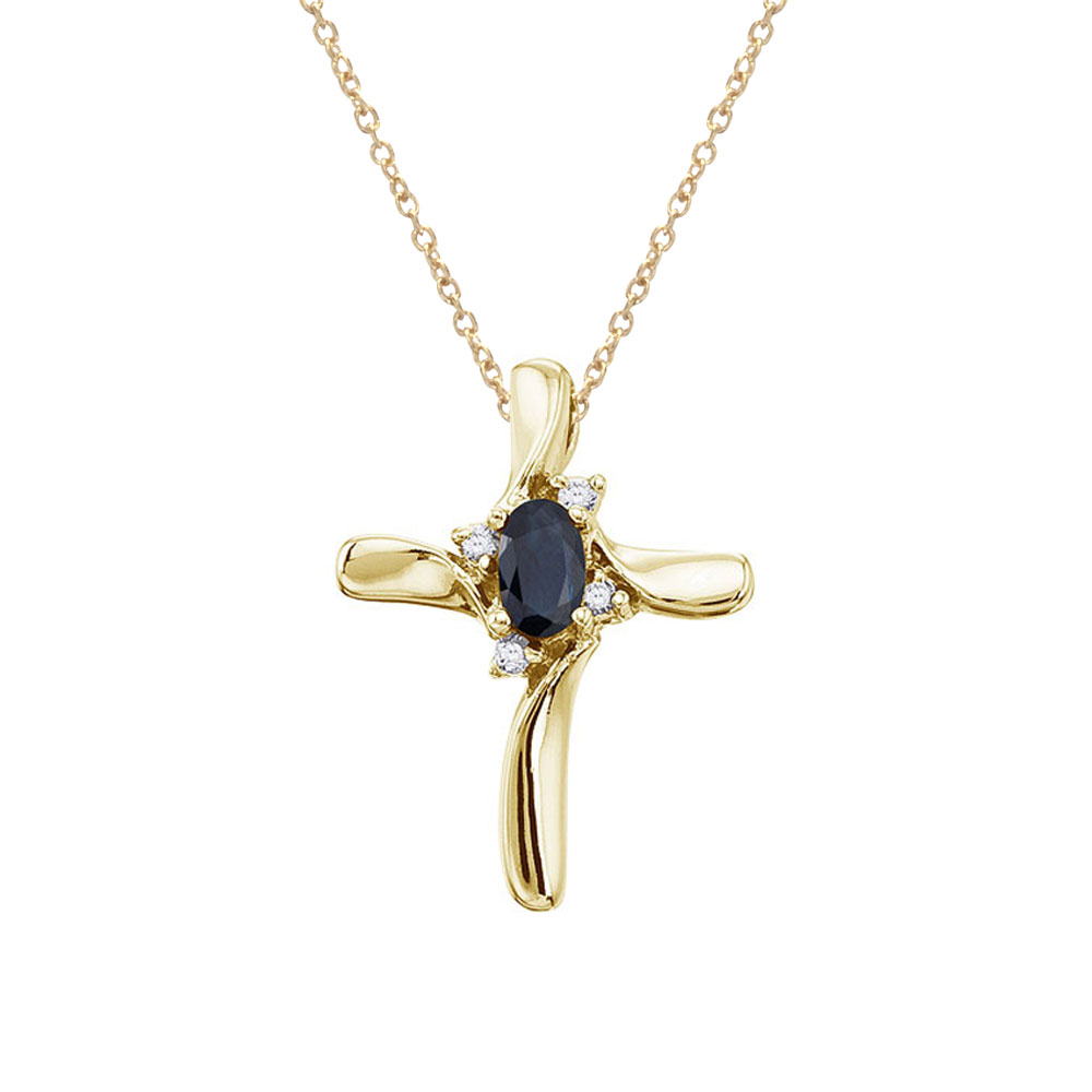 14K Yellow Gold Oval Sapphire and Diamond Cross Pendant
