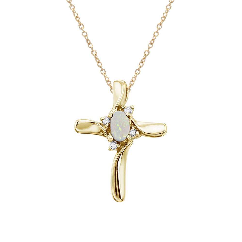 14K Yellow Gold Oval Opal and Diamond Cross Pendant