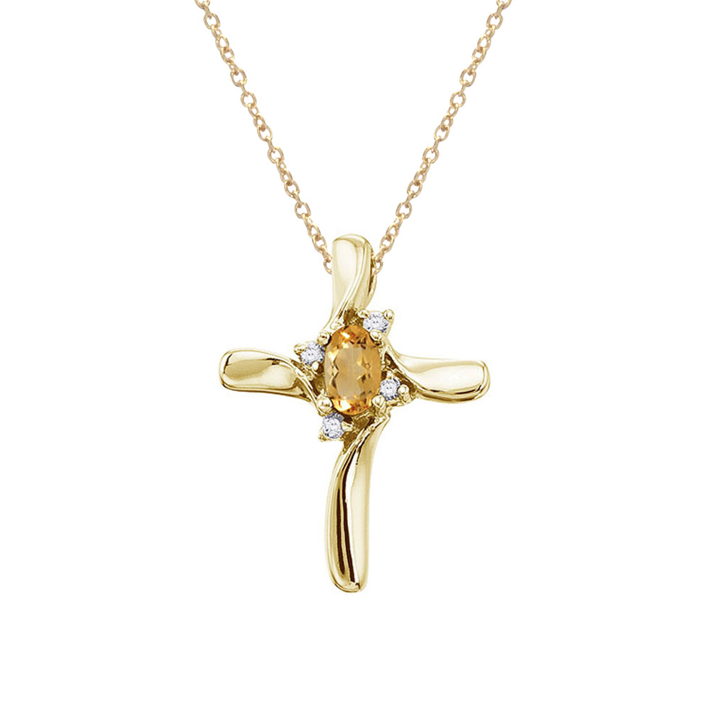 14K Yellow Gold Oval Citrine and Diamond Cross Pendant