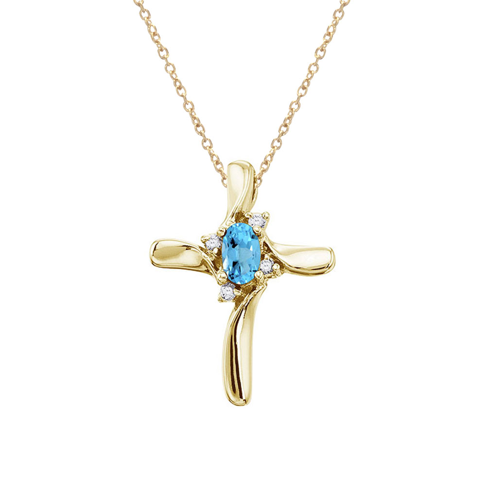 14K Yellow Gold Oval Blue Topaz and Diamond Cross Pendant