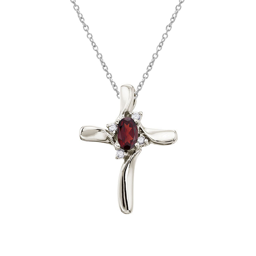 14K White Gold Oval Garnet and Diamond Cross Pendant