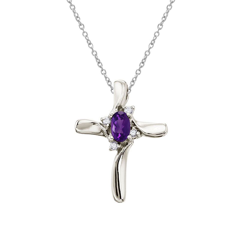 14K White Gold Oval Amethyst and Diamond Cross Pendant
