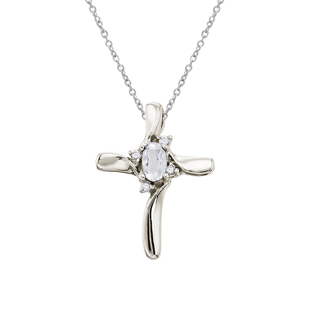 14K White Gold Oval White Topaz and Diamond Cross Pendant