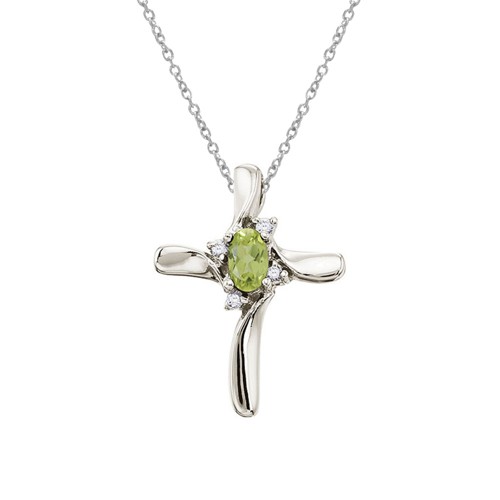 14K White Gold Oval Peridot and Diamond Cross Pendant