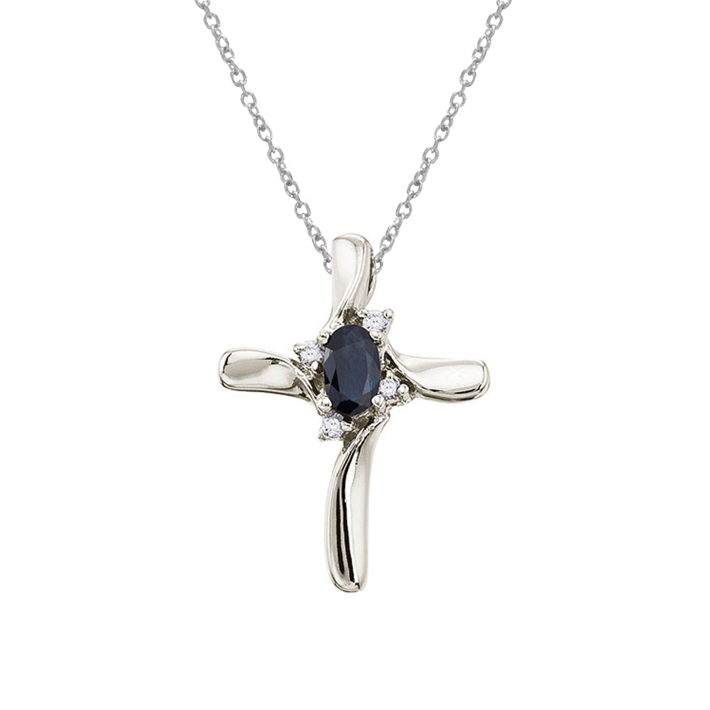 14K White Gold Oval Sapphire and Diamond Cross Pendant