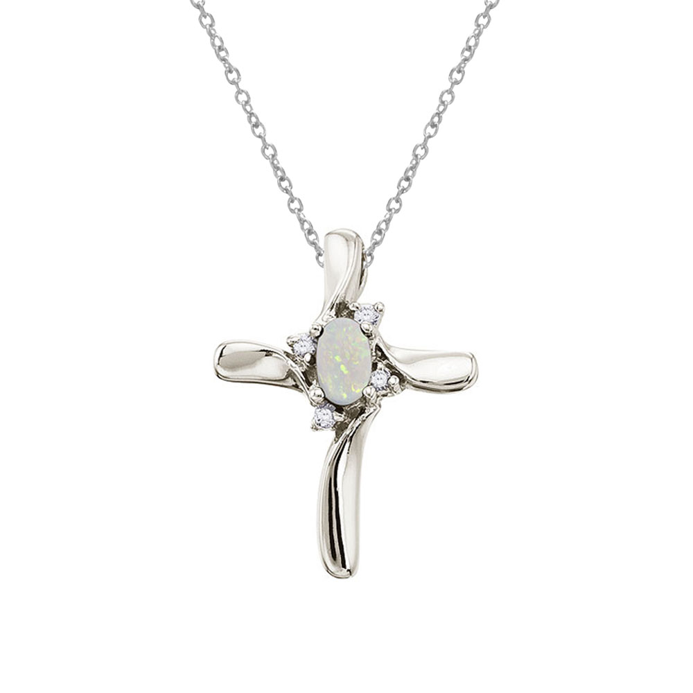 14K White Gold Oval Opal and Diamond Cross Pendant