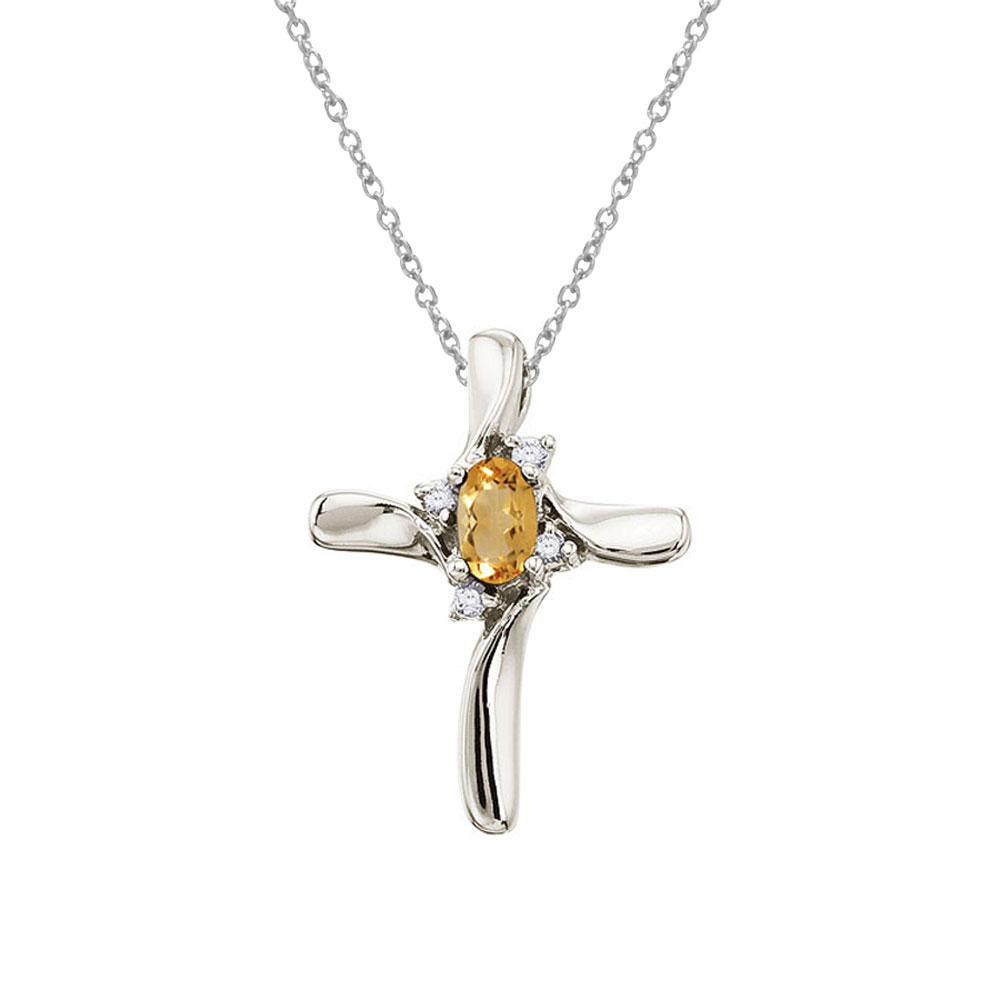 14K White Gold Oval Citrine and Diamond Cross Pendant