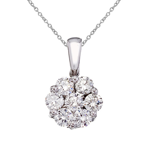 14K White Gold 1 Ct Cluster Diamond Pendant