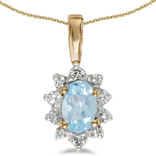14k Yellow Gold Oval Aquamarine And Diamond Pendant