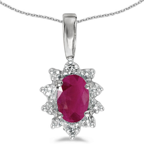 14k White Gold Oval Ruby And Diamond Pendant