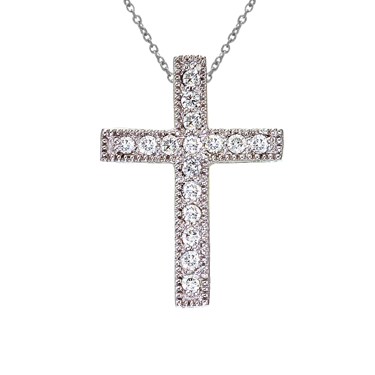 14K White Gold Medium Diamond Scroll Cross Pendant