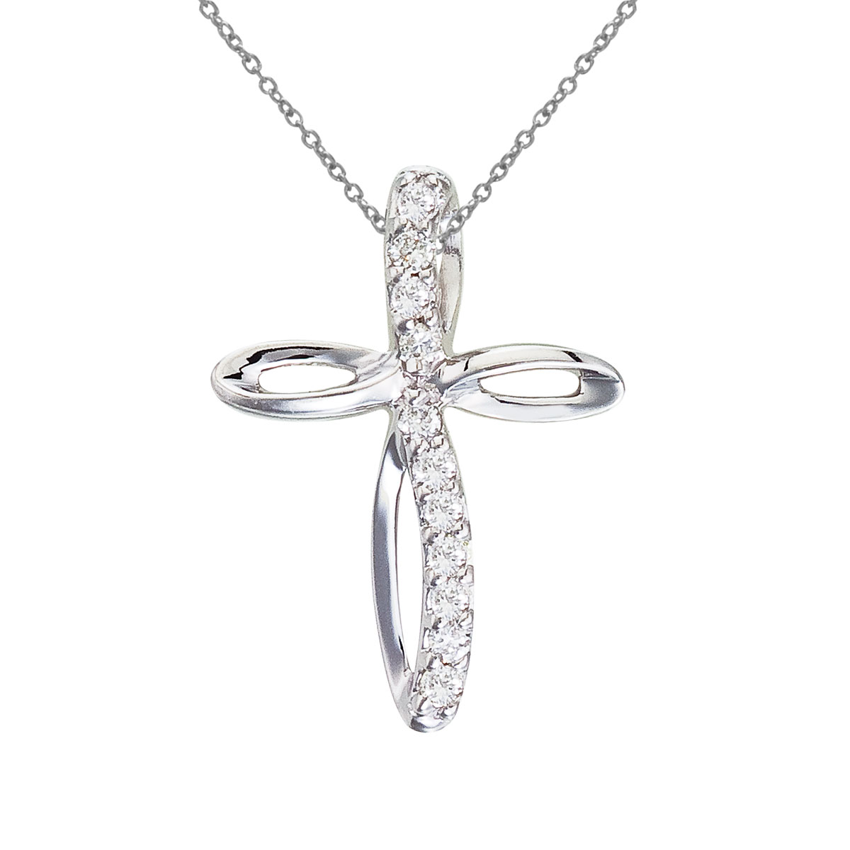 14K White Gold Small Swirl Diamond Cross Pendant