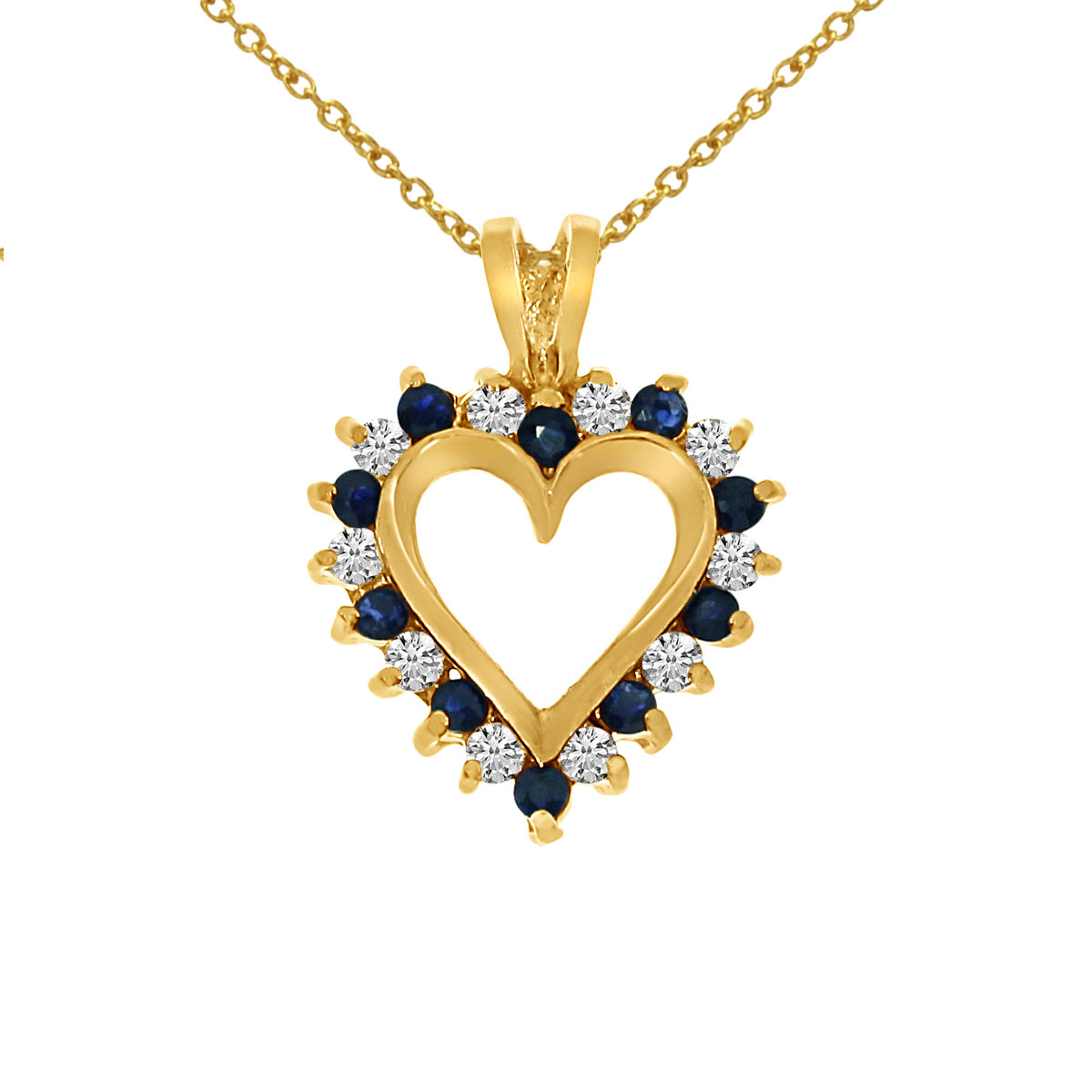 14k Yellow Gold Sapphire and Diamond Heart Shaped Pendant
