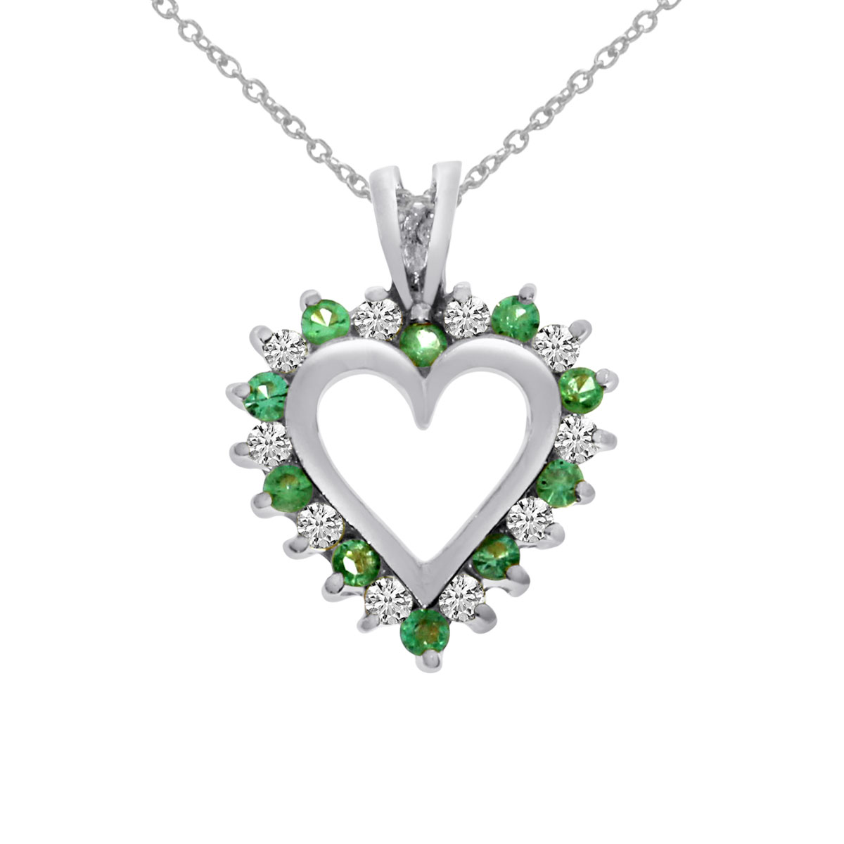 14k White Gold Emerald and Diamond Heart Shaped Pendant