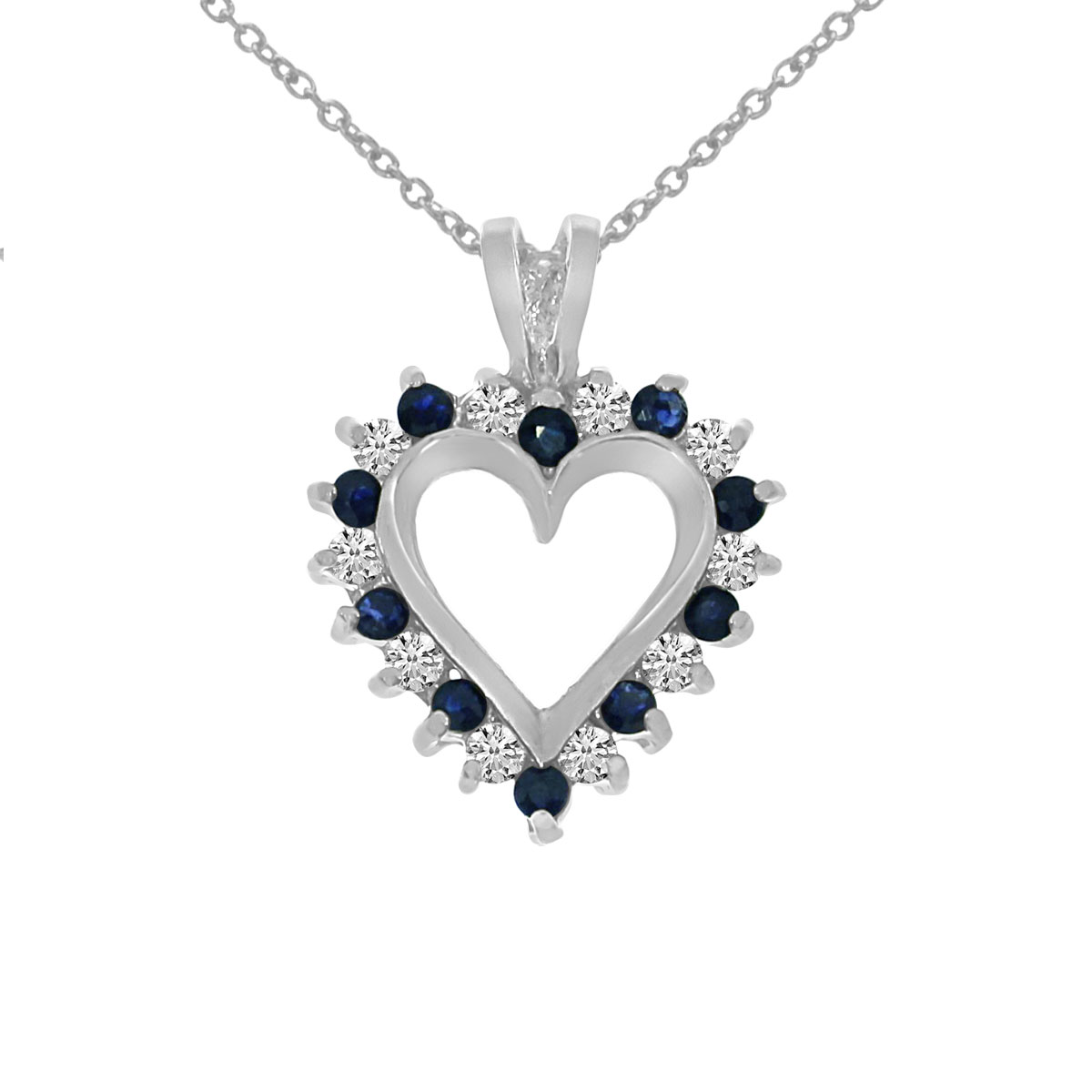 14k White Gold Sapphire and Diamond Heart Shaped Pendant