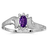 10k White Gold Oval Amethyst And Diamond Satin Finish Ring