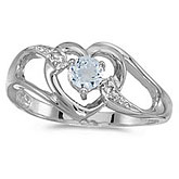 10k White Gold Round Aquamarine And Diamond Heart Ring