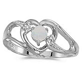 10k White Gold Round Opal And Diamond Heart Ring